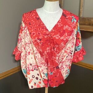 Umgee pink, red & cream floral/animal print crossbody short sleeve top s